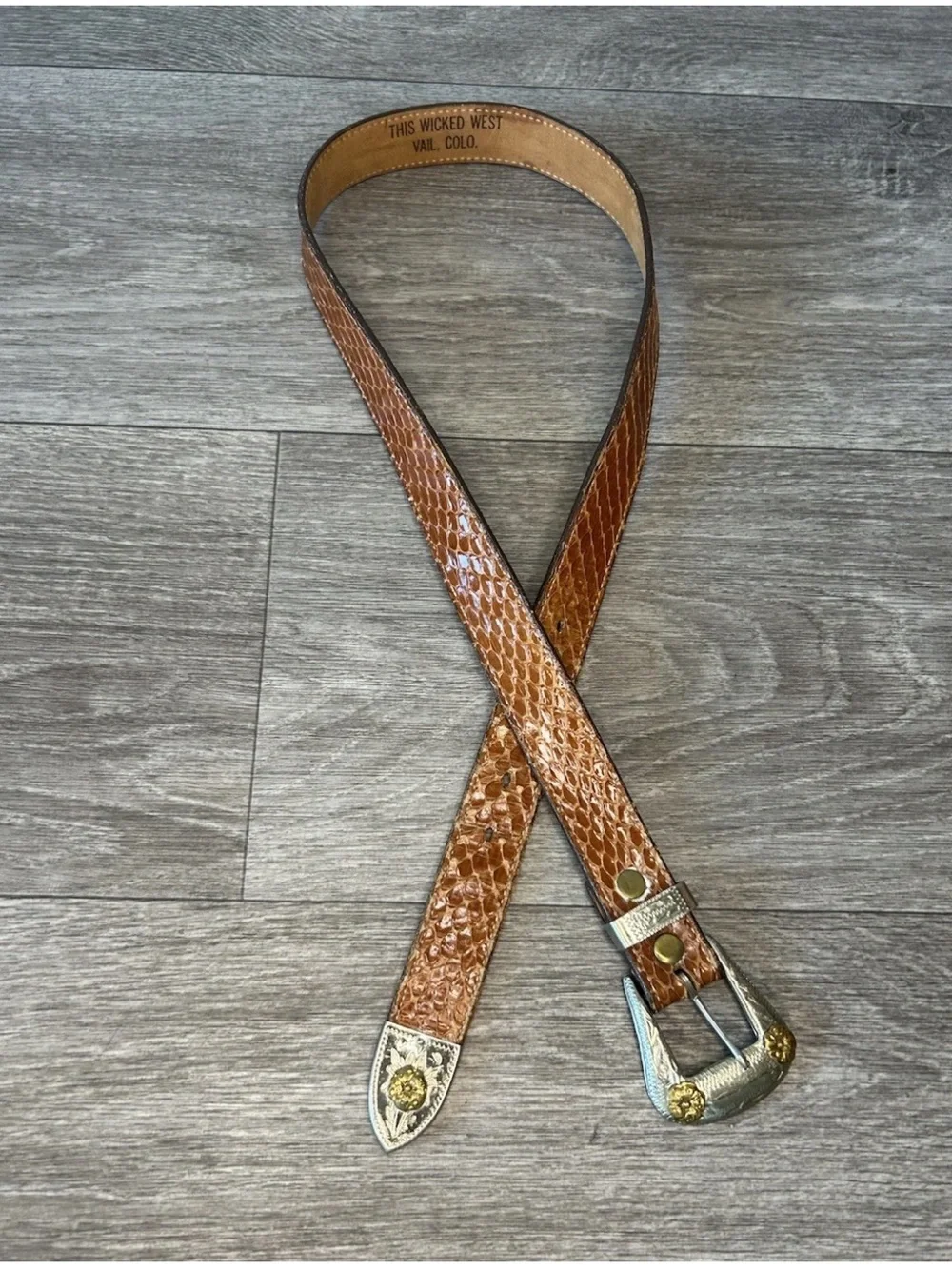 Vintage This Wicked West Genuine Snakeskin Belt German Silver Buckle Vail 34